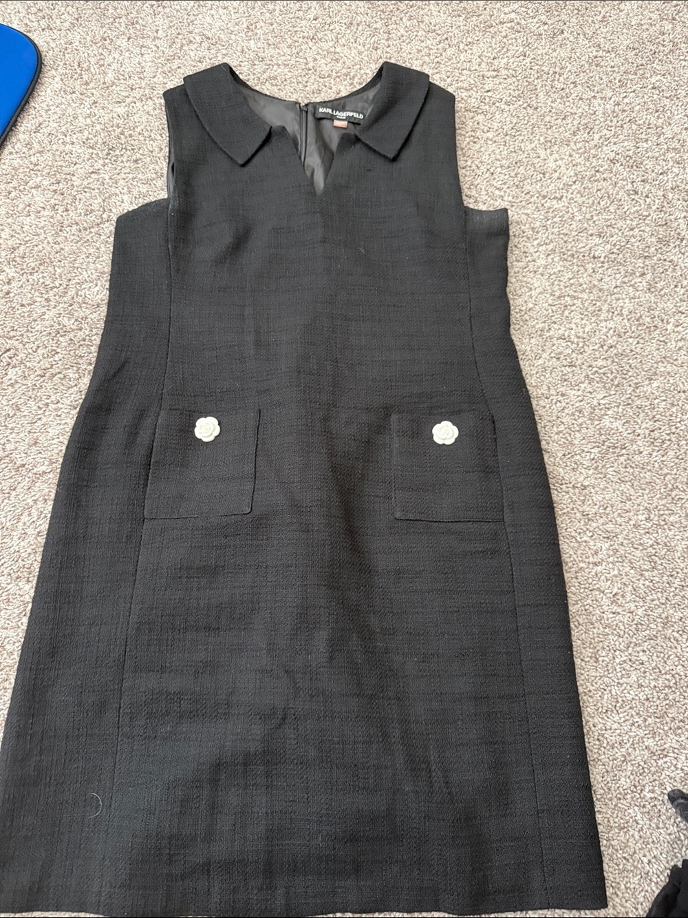 Karl Lagerfeld Black Sleeveless Shift Dress with Collar and Floral Buttons
